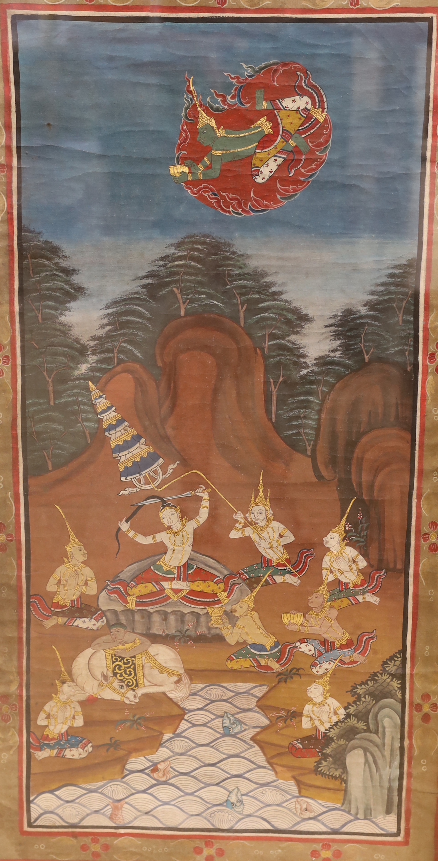 Asian School, three watercolours heightened with gilt, Scenes from folklore, 68 x 31cm, overall painted area 78 x 40cm